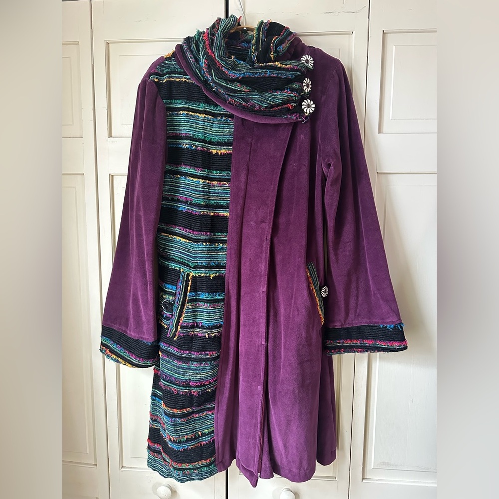Handmade in Nepal Purple Long Coat with Colorful Trim